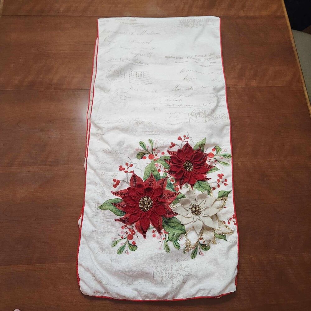 Cynthia Rowley Christmas Poinsettia Beaded Table Runner 3D Red Cream 16" x 70"